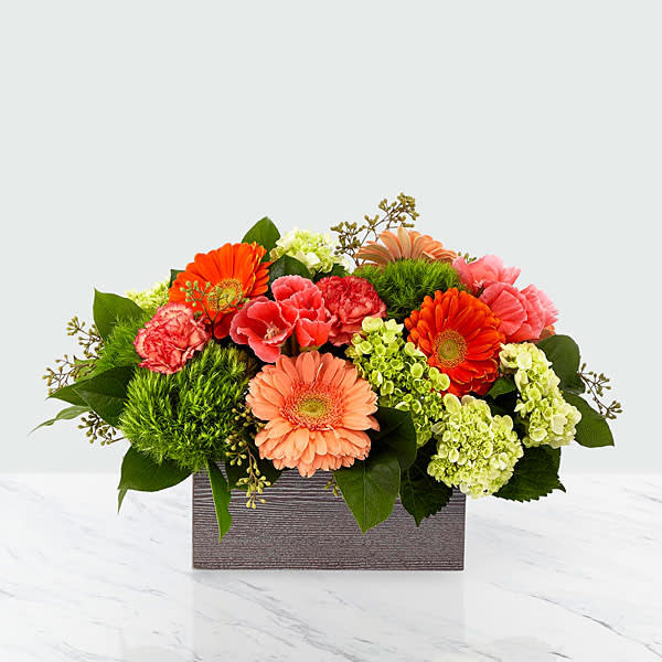 The FTD Hello - Through a unique combination of carnation’s love gerbera’s happiness hydrangea’s emotion and alstroemeria’s devotion our florists have crafted a bouquet that blossoms with heartfelt sentiment. Each flower was carefully chosen and artfully interwoven with salal and eucalyptus while placed in a weathered wooden rectangular box to create one of our most gorgeous bouquets.