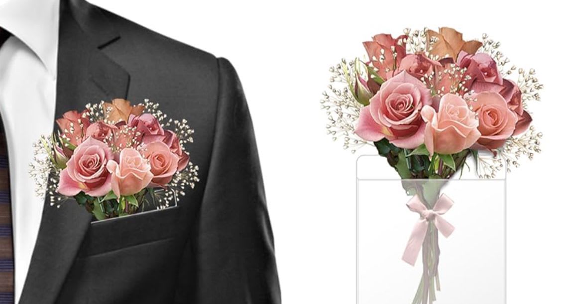 Pink rose boutonniere on a suit jacket beside a matching bouquet