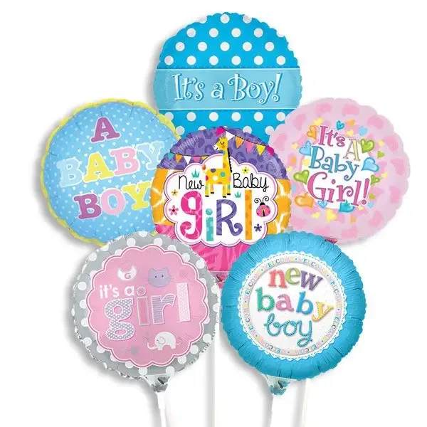 Baby Air-Filled Balloons - Welcome the newest member of the family with these mini balloons on a stick! Pre-inflated, these 9 inch balloons are perfect for personalizing a gift or gift basket, and make great baby shower decorations!