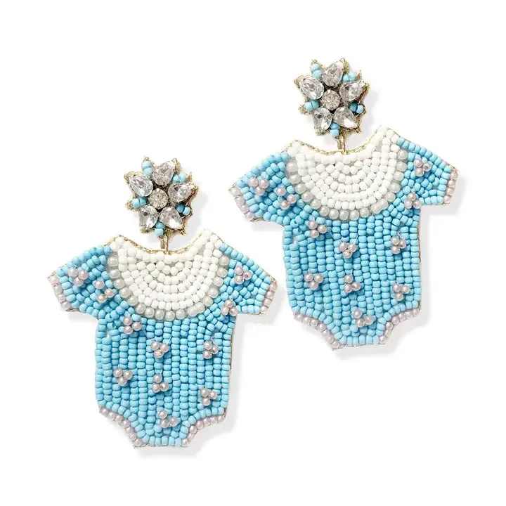 Baby Boy Onesie Earrings - Whether you are attending a gender reveal, visiting a new babe for the first time, or are the guest of honor at your baby shower - these earrings are the perfect way to accessorize! • 3" H • Beaded with Felt Backing • Rhinestone Accents • Post Earrings