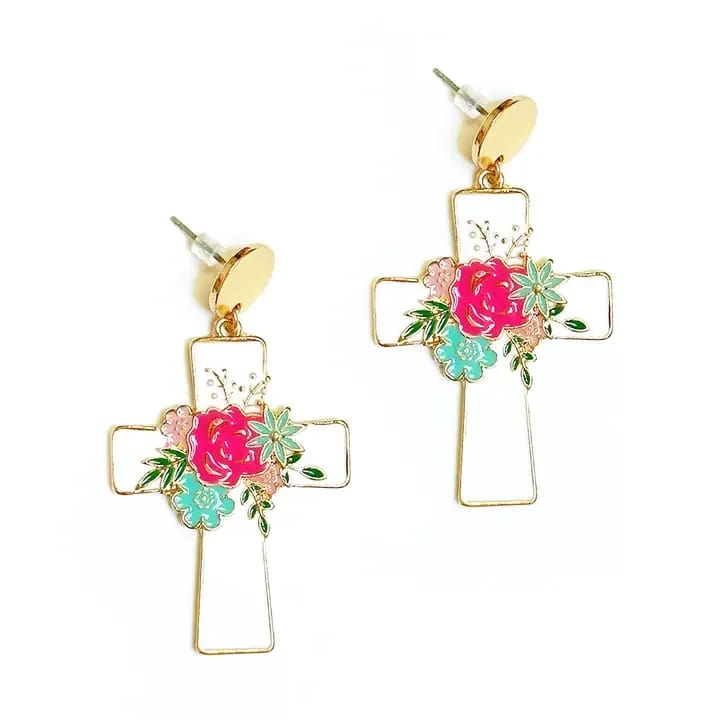 Let Your Light Shine Earrings -  These earrings feature an enamel floral cross design with gold accents! You will find yourself reaching for this pair to wear day after day! • 2” H • Enamel • Gold Toned Metal • Post Earrings