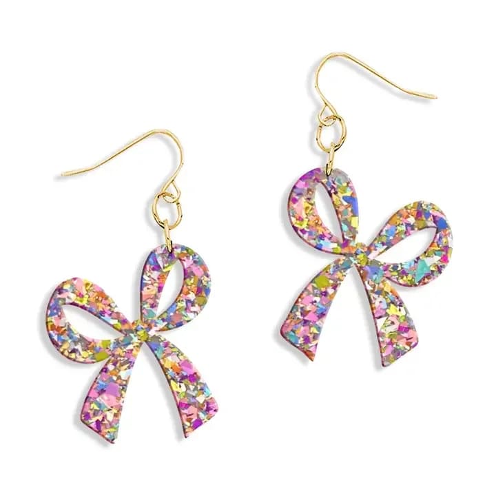 Multi Glitter Bow Earrings - Elevate your style with this set of sweet earrings featuring trendy bows, adding a touch of fun to your ensemble!  • 2" L x 1.5" W • 2" Acrylic Bow Design • Gold Toned French Wire • Designed and Assembled in the USA