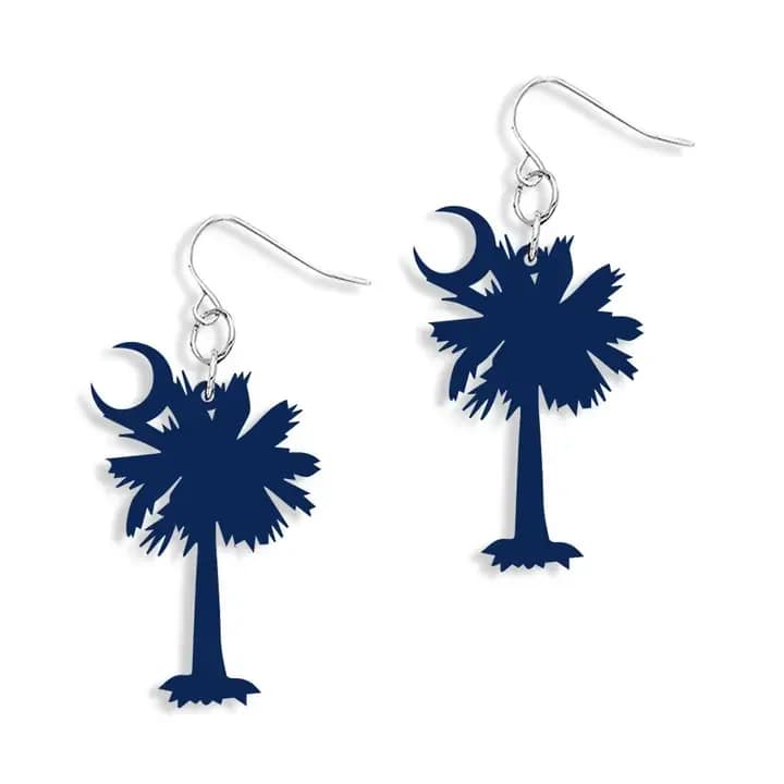 Navy Palmetto Earrings - These earrings are a hole in one and are guaranteed compliments on and off of the golf course! • 2.5" H • Navy Acrylic • Silver Toned Metal • French Wire Earring • Designed and Assembled in the USA