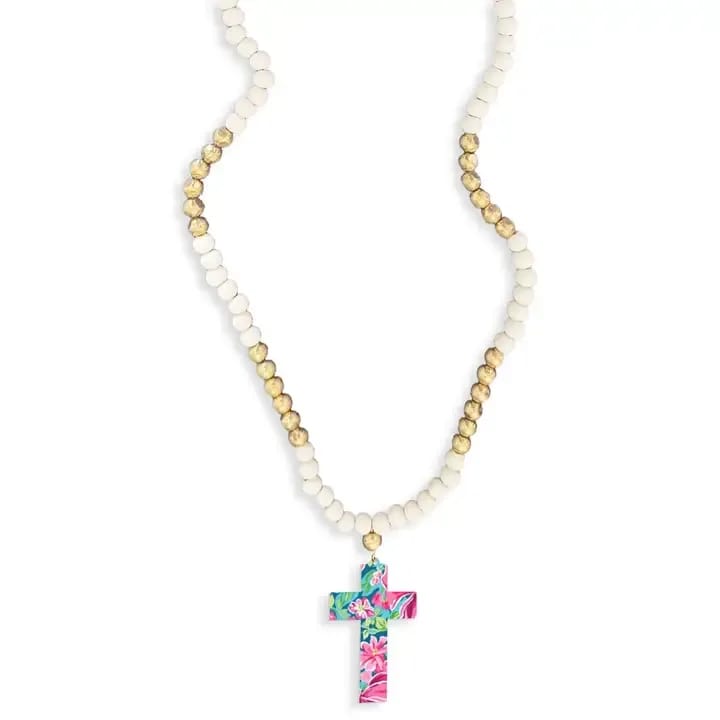 Preppy Floral Tori Cross Necklace - Have a little faith, this Tori Necklace features a fun acrylic cross on a gold and white beaded necklace. • 19"-22" Adjustable Necklace • Colored Beading • 2" Acrylic Charm • Designed and Assembled in the USA