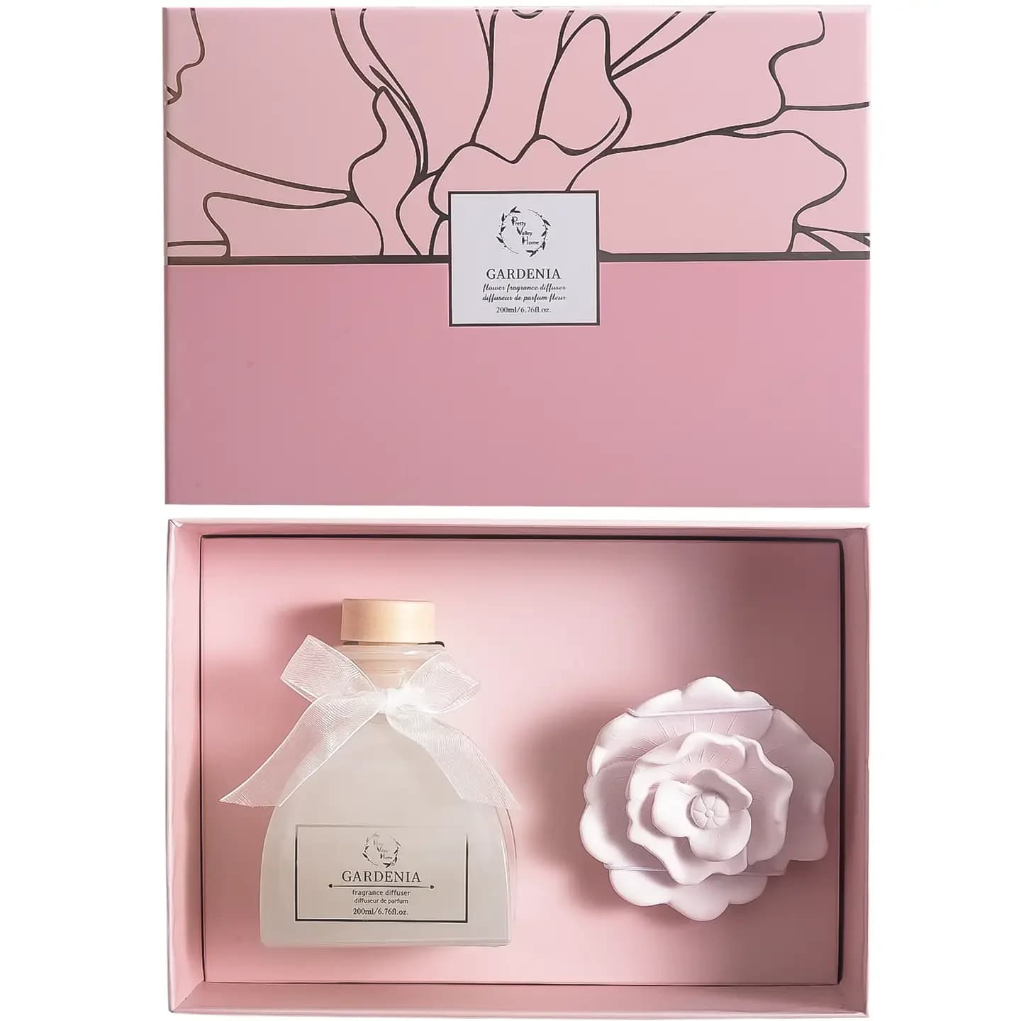 Diffuser Sunshine Ceramic Rose Giftset (Gardenia Pink) - The Diffuser Sets Gifts 6.8Oz Ceramic Rose - now comes in the same beloved Gardenia and Rose Petals fragrance but with exciting upgrades you’ll love.  Pink ceramic flower that brings a pop of color and elegance to any space.  Say hello to the refreshed Sunshine Ceramic Rose Diffuser, inspired by the radiant “Daydreamer” Rose with its graceful waves of cupped petals. This miniature replica captures the timeless beauty of a rose in full bloom while infusing your space with the enchanting aroma of a summer garden in bloom. 