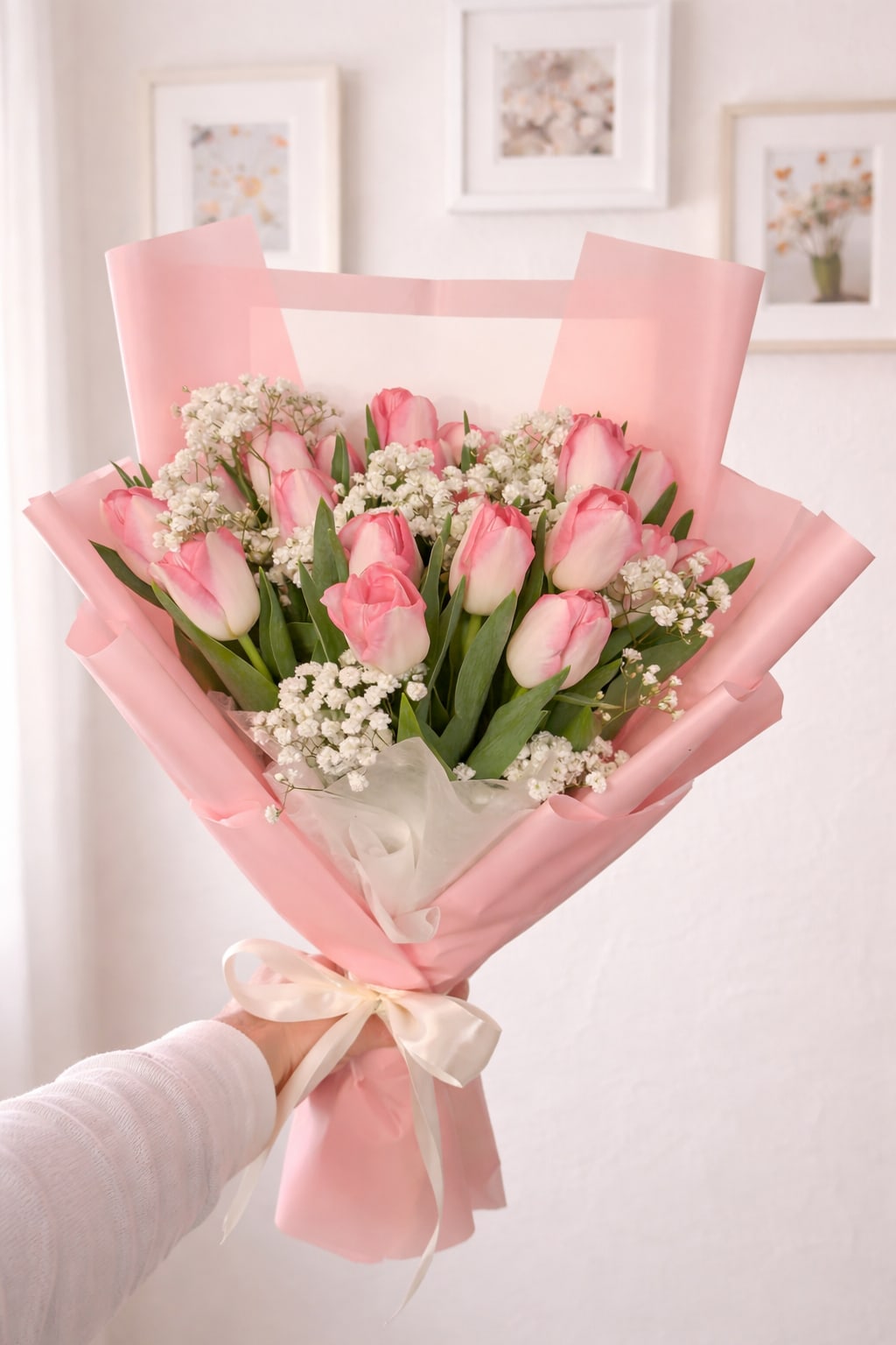 Tulips by Anita. - Soft pink tulips make a gentle statement in this spring-ready flower arrangement-perfect as a birthday bouquet, a romantic anniversary surprise, or a just-because gift to show someone you care. The rounded, hand-tied shape reads fresh and effortless, so the person you're thinking of will feel both seen and celebrated the moment they unwrap it.  A cluster of pink tulips is accented with small white filler blooms and fresh greenery, wrapped in translucent pink paper and tied with a pale white satin ribbon for a delicate finish. The light pink, white, and green palette feels airy and romantic; stems are arranged for a comfortable hand-held size and present beautifully in the delivered wrapping. Designed for spring gifting, this bouquet arrives ready to brighten a table or bedside-trim stems and place in fresh water on arrival to help blooms last.
