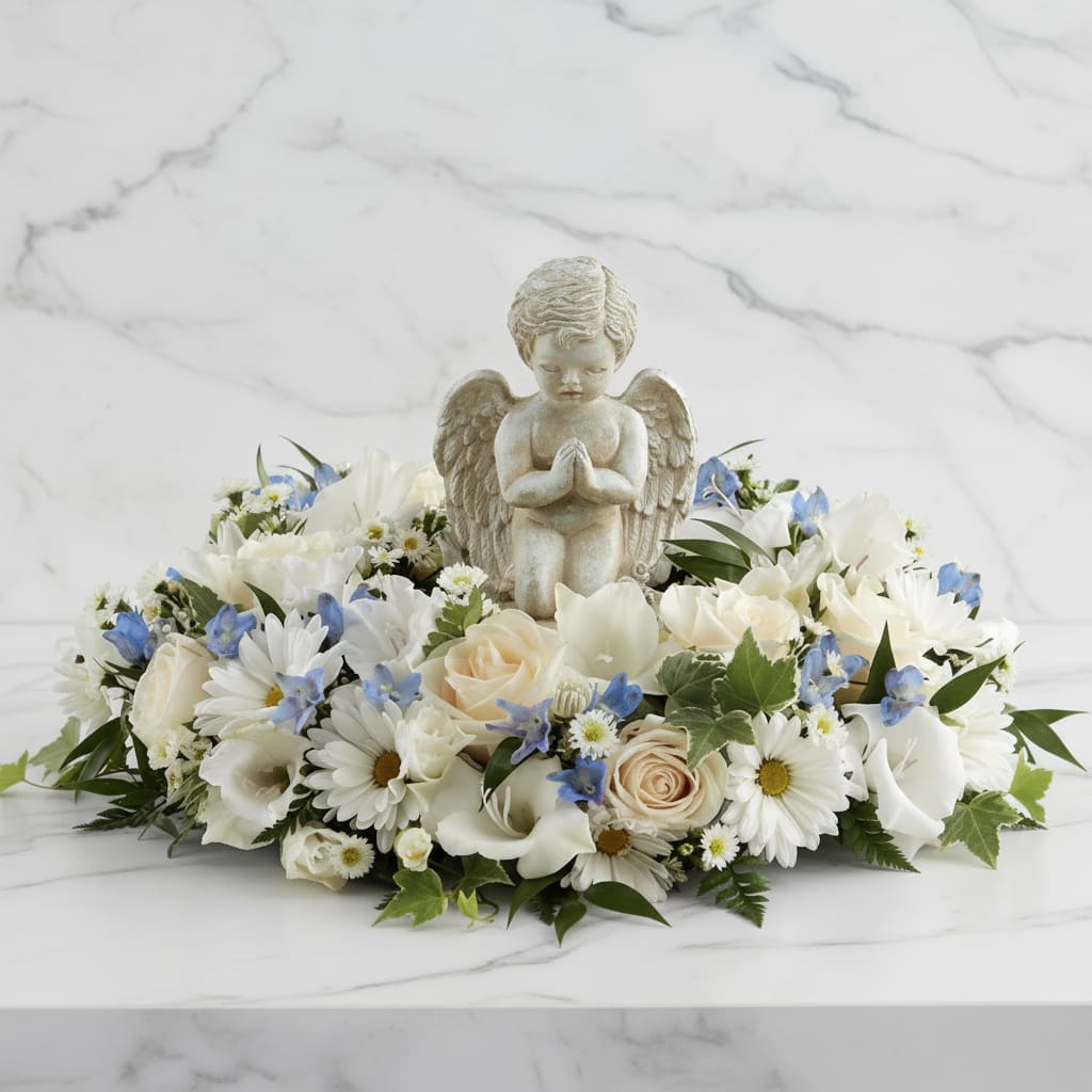 Little Angel Ring of Flowers - The Little Angel Ring of Flowers is a sweet and serene way to say your final goodbye at a child's final farewell service. A stonecast cherub statue sits in the center of a ring of white roses, white traditional daisies, white monte casino asters, light blue delphinium, white gladiolus and a variety of lush greens to create a beautiful tribute that expresses your unending love and affection for the deceased.  Please Note: The bouquet pictured reflects our original design for this product. While we always try to follow the color palette, we may replace stems to deliver the freshest bouquet possible, and we may sometimes need to use a different vase.