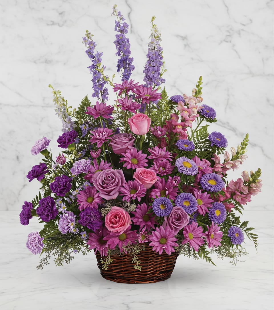 Basket arrangement of pink and purple flowers with tall lavender spikes