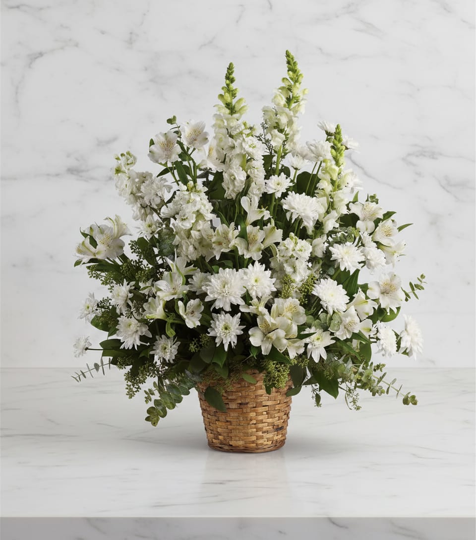 Heavenly Light - White alstroemeria, snapdragons and stock in a beautiful basket is a gift of caring that brings an air of serenity to the memorial service. Later, it will be a comfort for the family at home.