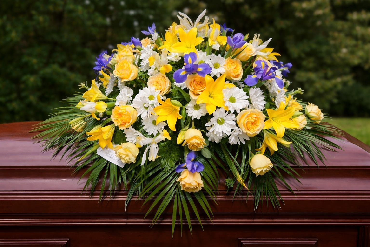 Golden Sunrise - A radiant expression of love and remembrance, the Golden Sunrise Tribute features cheerful yellow lilies, soft cream roses, white daisies, and delicate purple iris nestled among lush greenery. Designed to rest beautifully atop the casket, this arrangement offers a warm and uplifting farewell, symbolizing hope, peace, and treasured memories.  Please note: Flower varieties and shades may vary slightly based on seasonal availability while maintaining the overall style, color palette, and beauty of the arrangement.