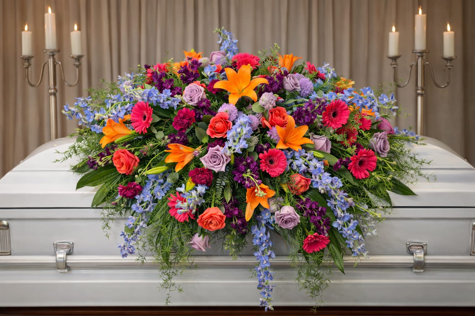 Vibrant Garden Remembrance Full Casket Spray - Celebrate a life filled with color, joy, and cherished memories with this full-sized casket spray. Overflowing with brilliant orange lilies, coral roses, vibrant pink gerbera daisies, soft lavender roses, cascading blue delphinium, and rich purple blooms, this striking tribute creates a beautiful and heartfelt display across the full length of the casket. Its bold palette and flowing design offer a loving farewell that honors a bright and unforgettable spirit.  This is a full-sized casket spray designed to cover the entire casket.  Please note: Flower varieties and colors may vary slightly based on seasonal availability while maintaining the overall style, fullness, and color palette of the arrangement.
