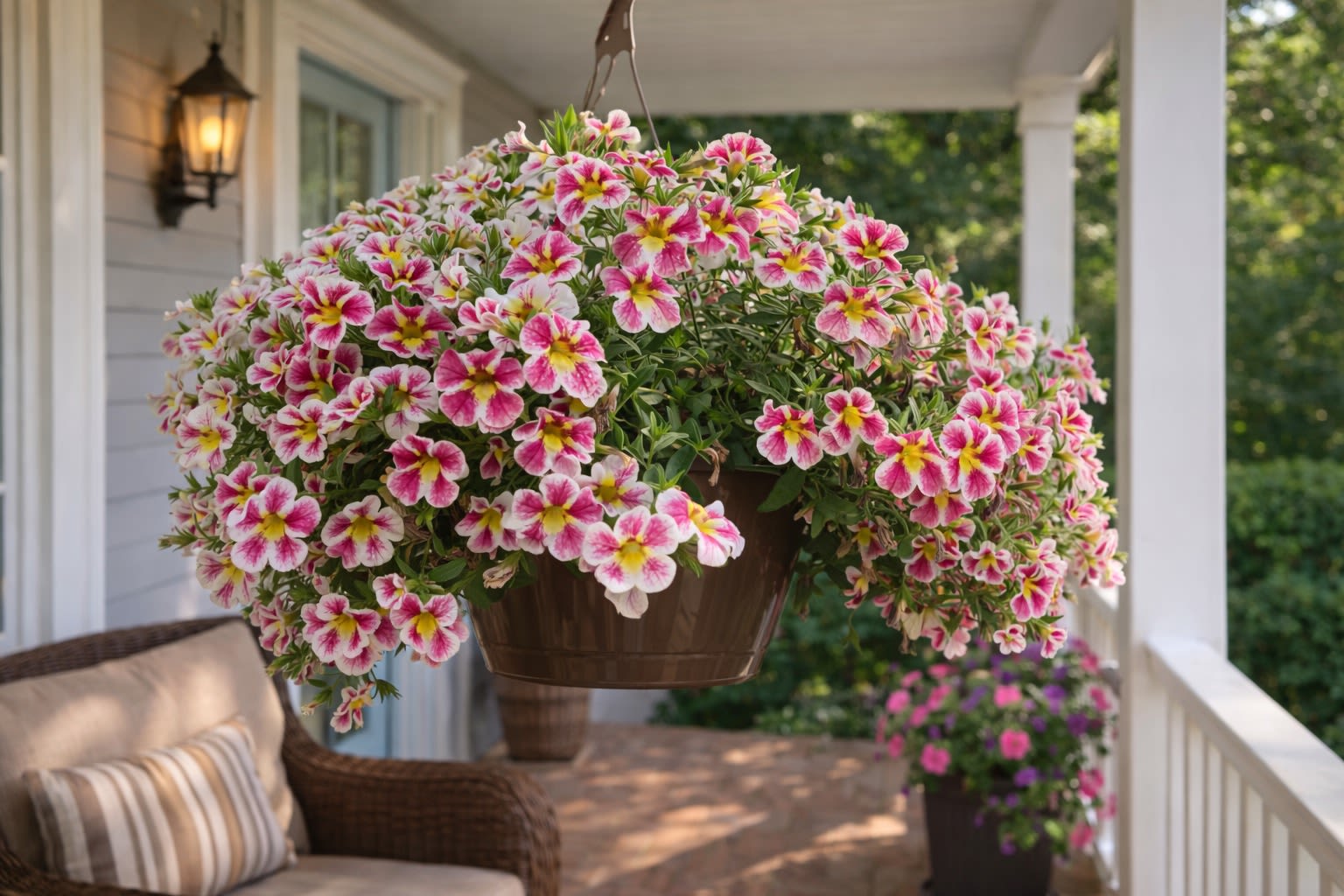 Hanging Basket *Pre-Order for May - Bursting with cascading blooms this full hanging basket adds instant color and charm to any porch, patio, or entryway. Planted in a durable hanging container and overflowing with long-lasting flowers, it is perfect for brightening outdoor spaces all season long.  Please note: Photo is for reference only. Flower varieties and colors may vary based on availability. If you would like a specific flower type or color combination, please call us at (574) 722-1155 to place a custom order.