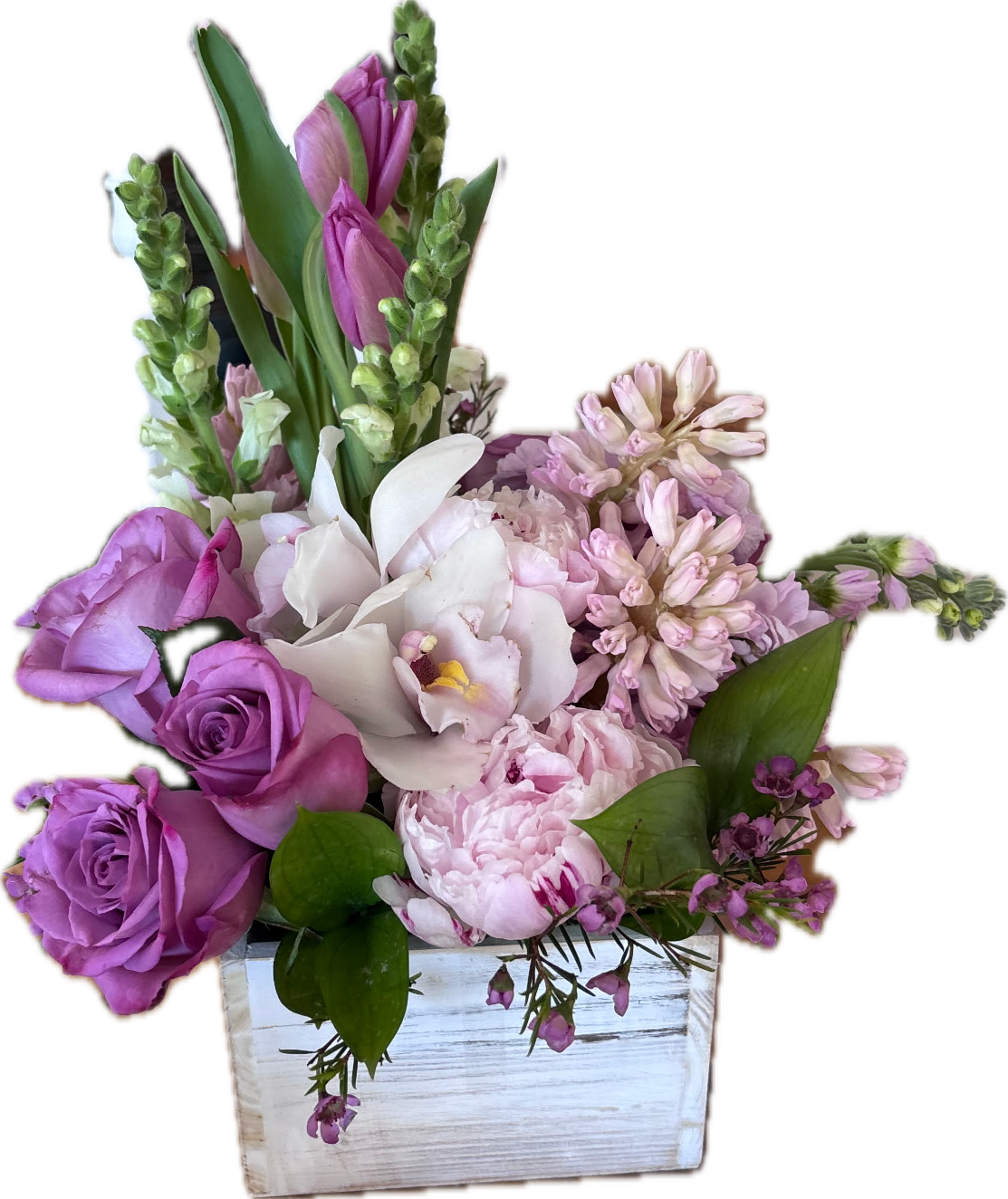 Spring Elegance Bouquet - A soft and romantic garden-style arrangement designed in a charming whitewashed wooden box, this piece captures the beauty of spring in full bloom. Featuring lush pink peonies, elegant lavender roses, delicate white orchids, and fragrant hyacinth, it’s accented with fresh tulips and seasonal greenery for a naturally airy feel.  The mix of textures and pastel tones creates a graceful, feminine design that feels both fresh-picked and thoughtfully arranged. Perfect for birthdays, Mother’s Day, or simply brightening someone’s day, this arrangement brings a touch of elegance and softness to any space.