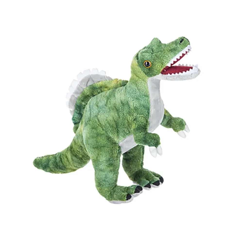Spinosaurus Dinosaur Plush by Ganz - A playful green Spinosaurus plush makes a delightfully unexpected gift for a child or dinosaur-lover - perfect as a birthday surprise or a cheerful "thinking of you" present. This standing plush toy doubles as a cuddly companion that will make the recipient feel seen and delighted the moment they open it.  The soft, fuzzy Spinosaurus features a bright green exterior with a contrasting white belly and underside, plus small black-and-white claws and an open, friendly mouth that gives it a cartoon-like charm. As a standalone hard good, it's sized for hugging and display on a bed or shelf and pairs well with our kids' gift add-ons if you want to create a fuller present.  Choose this plush when you want to send a whimsical, age-appropriate keepsake that brings immediate joy - ideal for birthdays, congratulations, or just because. Ordering is simple and we can add gift wrapping or a note to make it feel extra personal.