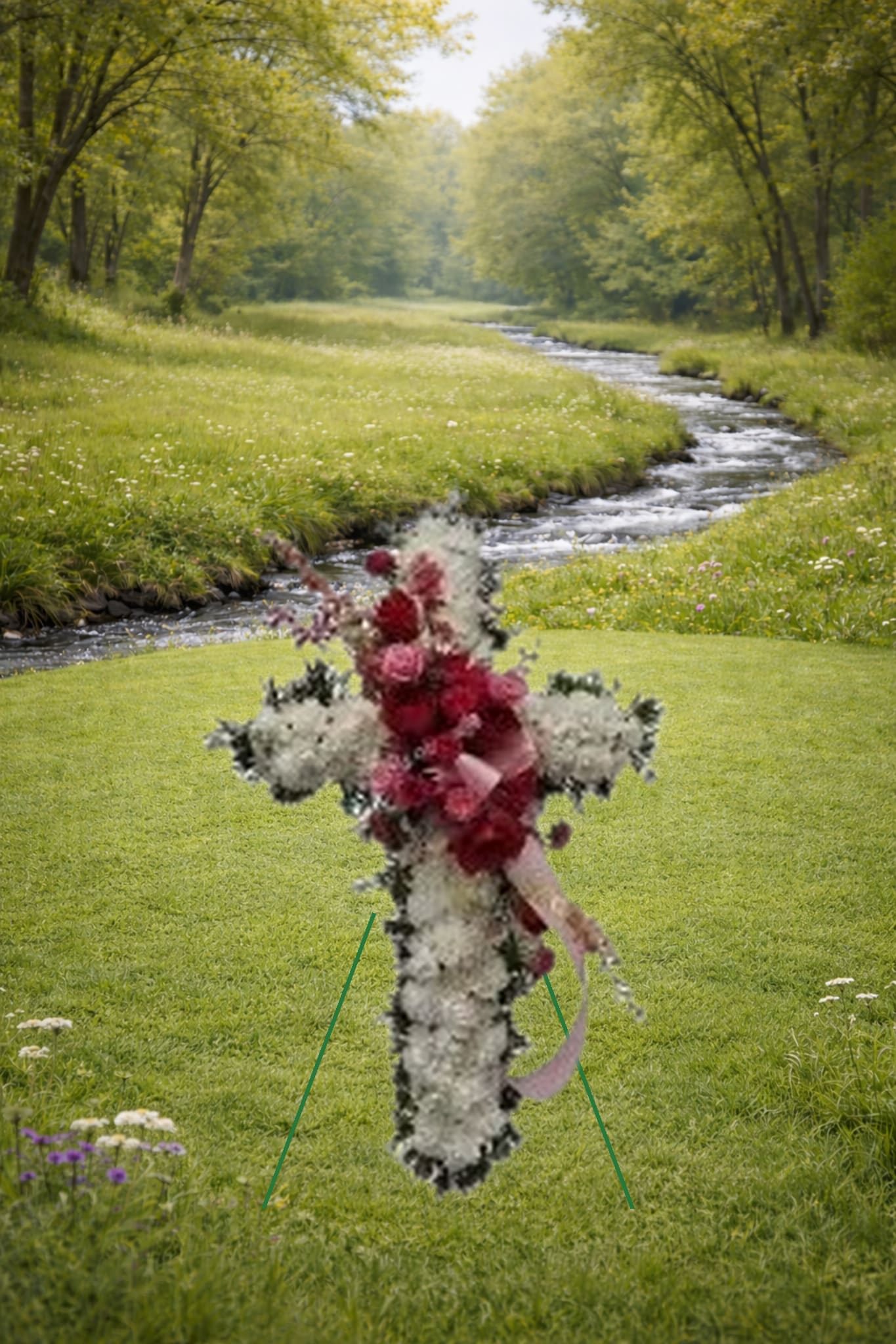 Standing floral cross of white flowers with red blooms and ribbon on an easel in a grassy outdoor setting
