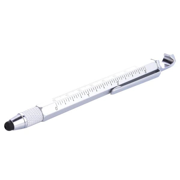 Silver Friken Cool Pen - You've never had a pen that packs this big of a punch. It's the ultimate tech pen! Features: stylus tip, ruler, two headed screwdriver, bottle opener, phone stand. Pocket clip to securely fasten onto surfaces. Retractable ballpoint pen. Mad Man, masters of men's gifts. Material: Alloy https://youtu.be/9kGfvcQwoh0 Dimensions: 6.5" x 0.25"