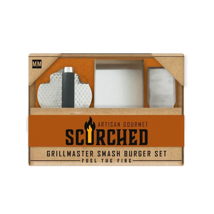 GrillMaster Smash Burger Set by Mad Man - Everything you need to smash, flip, and grill like a pro — all in one 3-piece kit. The extra-large burger press lets you flatten patties thin for maximum flavor and perfect crispiness. The extra-wide spatula features sharp edges for easy flipping and even slicing right on the grill. Plus, the slant-edge metal grill scraper quickly clears away stubborn residue, keeping your cooking surface spotless. Perfect for smashing burgers, grilling steaks, veggies, or even making burritos on the grill. Lift, press, and flip with confidence and ease every time.