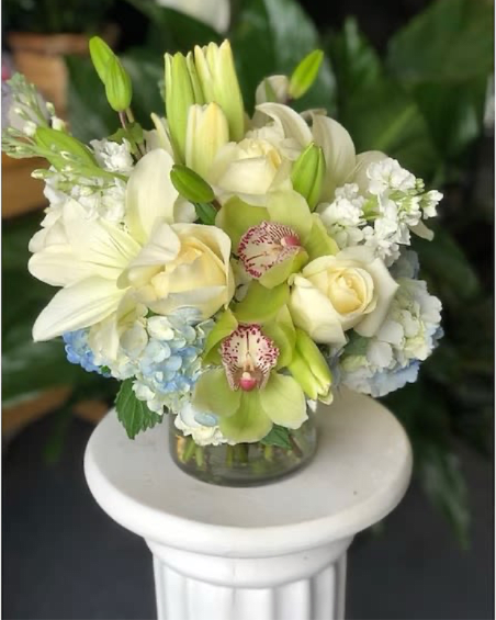 Winter Beauty  - (ONE-SIDED) White roses and lilies, blue hydrangeas and green orchids put together in a glass cylinder to make a beautiful arrangement.