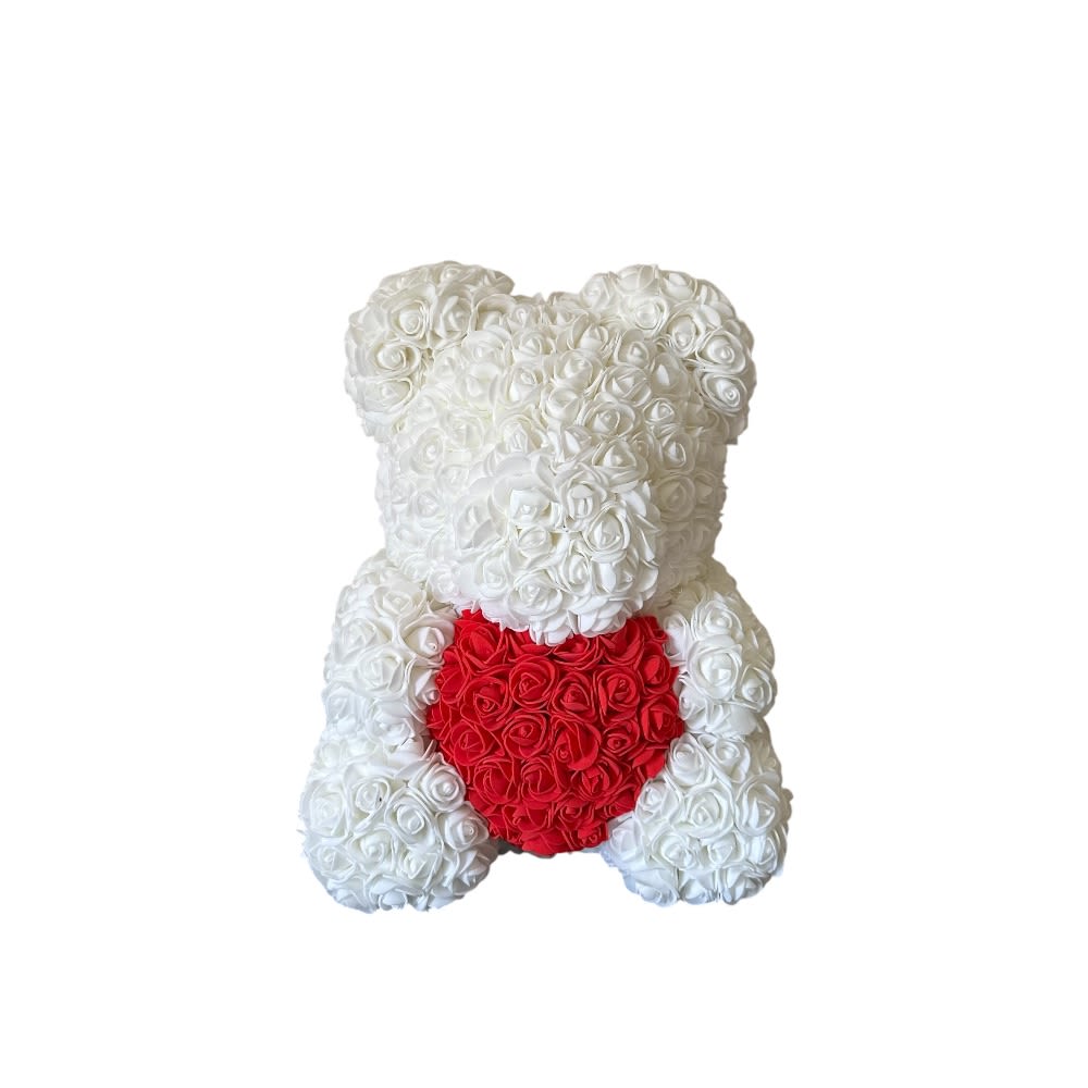 Luxury White Rose Teddy Bear With Heart – Signature Love Gift 70cm - A stunning White rose teddy bear holding a vibrant red heart, designed as a charming keepsake to express love and admiration. This elegant gift is perfect for romantic surprises, birthdays, or celebrating someone truly special. A beautiful piece that brings joy the moment it arrives.