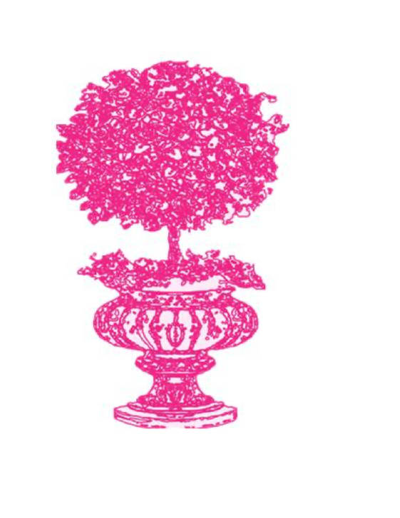 Pink line-art illustration of a round topiary tree in an ornate pedestal urn