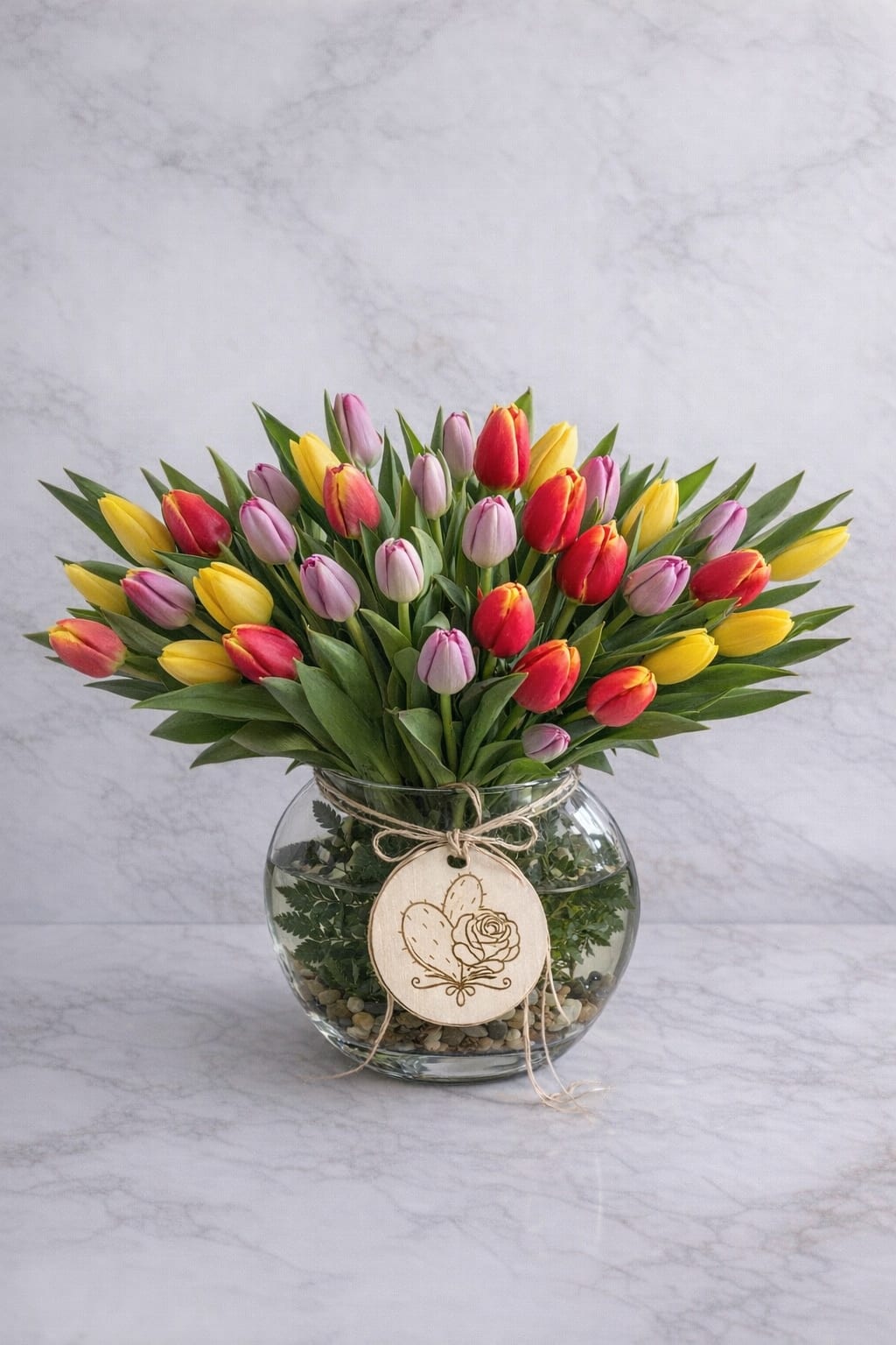 Victoria Blush Garden - A vibrant, garden-inspired arrangement featuring a curated mix of premium tulips in rich seasonal colors, artfully designed in a clear glass vase with natural accents. The clean, modern composition highlights the beauty and movement of each stem, creating a fresh yet elevated look. Perfect for everyday elegance, celebrations, or as a thoughtful gift, this design brings color, texture, and a refined floral presence to any space.