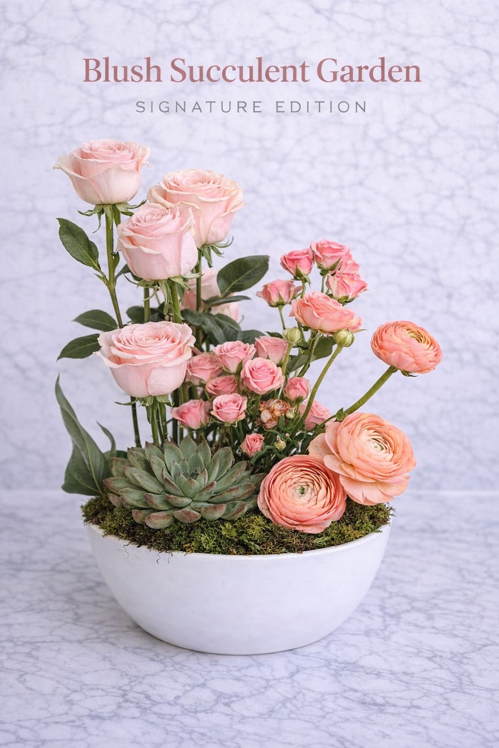 Aurora Garden Mix - A refined floral composition that blends modern structure with soft, romantic movement. This arrangement is designed with elevated blush roses as the vertical focal point, creating height and elegance, while layers of delicate spray roses and peach-toned ranunculus add warmth, texture, and fluidity. The ranunculus, known for their intricate layered petals, bring a sense of charm and softness to the design, symbolizing admiration and delicate affection , while the roses anchor the arrangement with timeless elegance and understated love. At the base, a sculptural succulent introduces a modern, organic contrast—grounding the piece with depth and a clean architectural feel. Fresh moss enhances the natural aesthetic, completing a balanced garden-inspired composition. Presented in a minimalist white ceramic bowl and styled against a marble backdrop, this design achieves a polished, editorial look that feels both luxurious and effortlessly modern. 