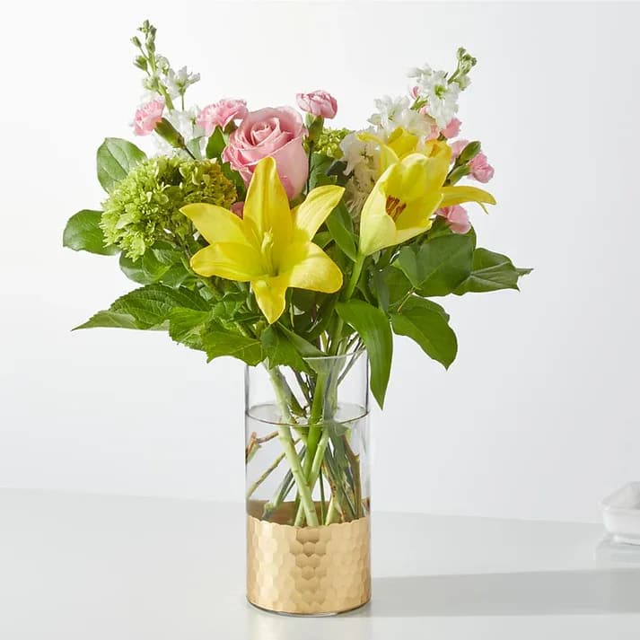 Garden Delight Bouquet - Spring your senses into a fresh, blooming garden with our Garden Delight Bouquet. The perfect mix of fragrant florals and pretty pastels to shed the winter blues.  - The Standard Bouquet is approximately 15"H x 14"W. - Designed by florists, ready to display. - For long–lasting blooms, replace the water daily. We suggest trimming the stems every couple days. - Pet Safety Precautions: This bouquet or plant may include flowers and foliage that are known to be toxic to pets. To keep them safe, be sure to keep this arrangement out of your pet's reach.
