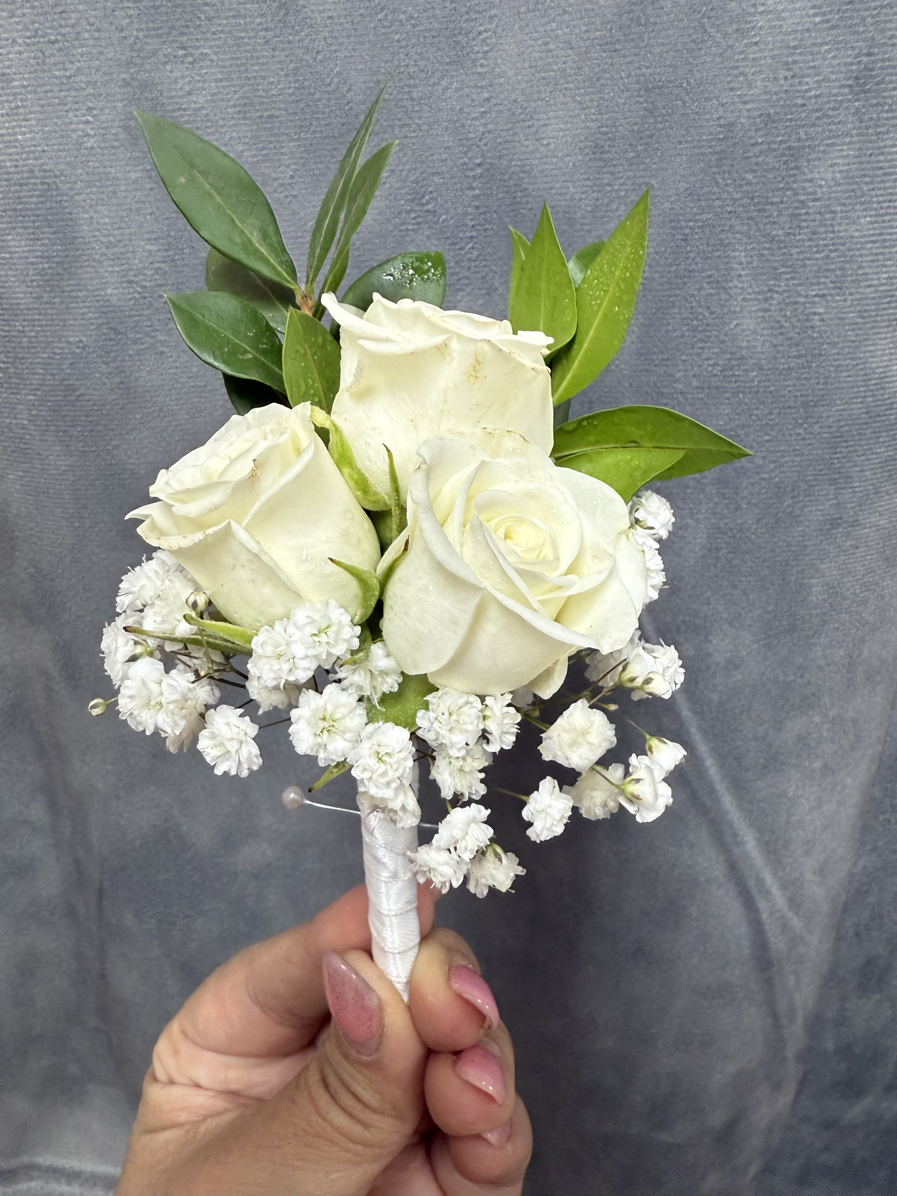 White Spray Roses Boutonnière  - Three white spray roses boutonnière beautifully wrapped 