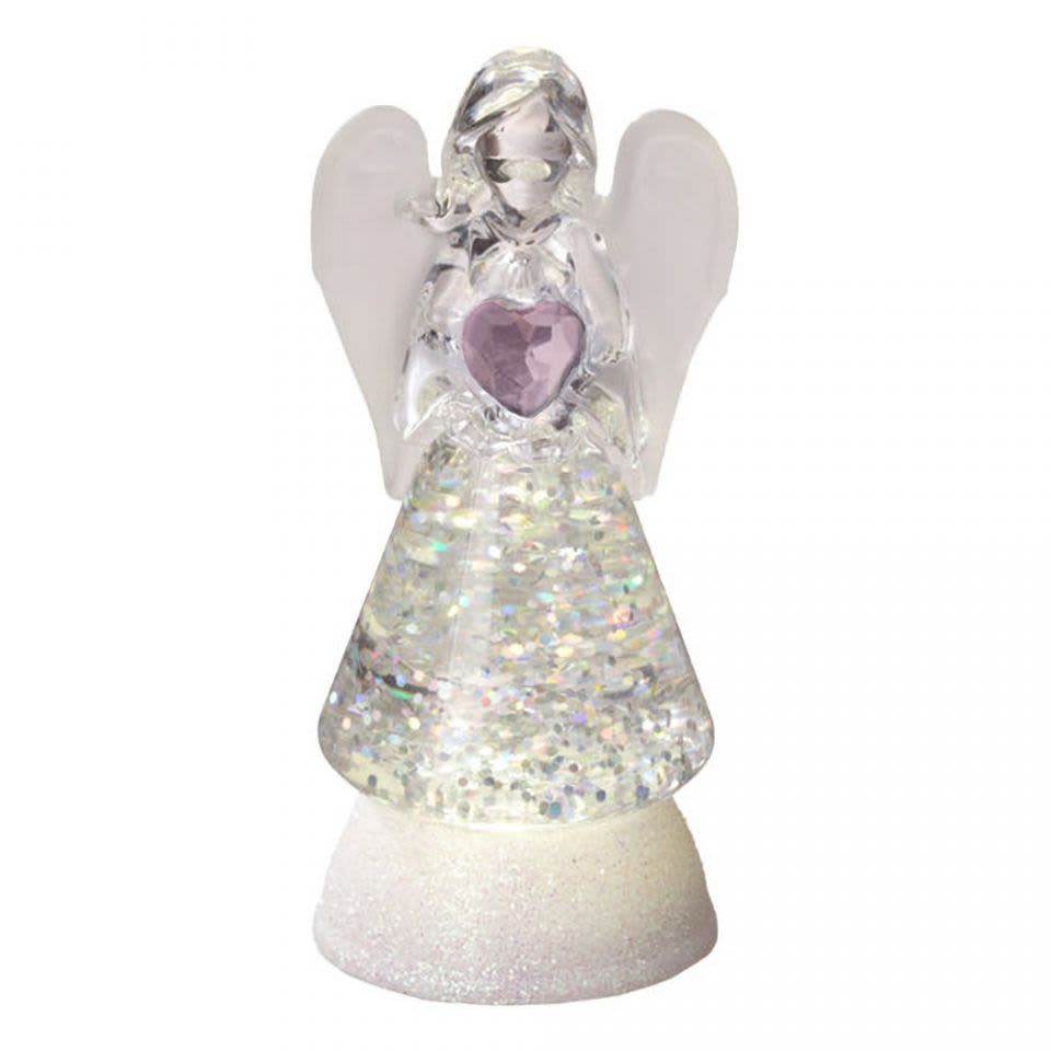 Lighted Angel Pink - This is a cute 3 in one Angel that stands 3 1/2 in tall. It lights up and is a snow globe with a birth stone. 
