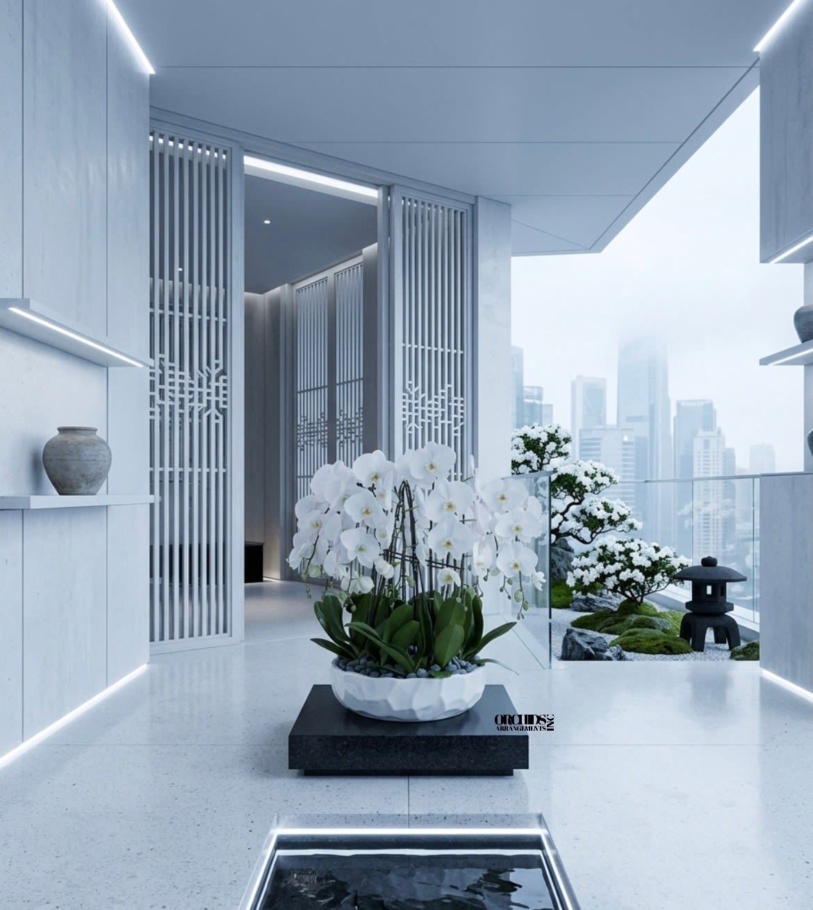 White Phalaenopsis Orchids – Elegant Maison Design - This elegant Twelve White Phalaenopsis Cascade orchid arrangement creates a striking vertical presence, making it ideal for grand interiors and modern living spaces with a vase 19.5" D X 5" T. 