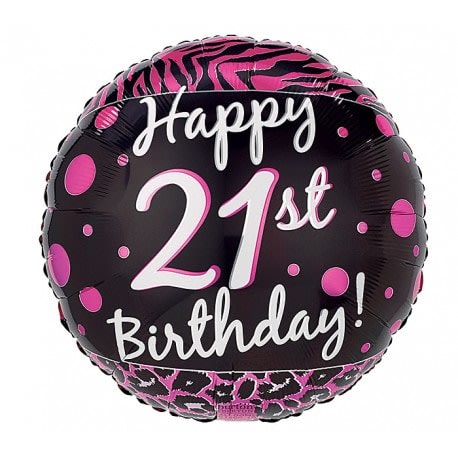 Round black and pink birthday balloon reading "Happy 21st Birthday!"