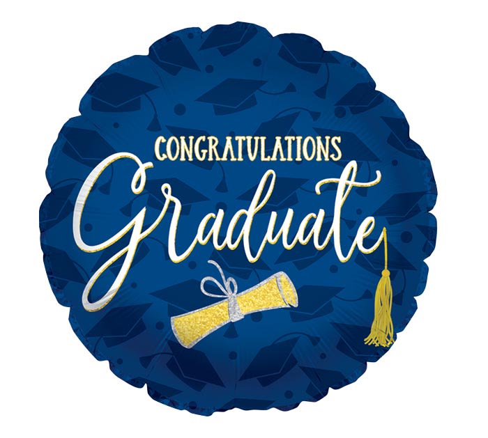 "Congratulations, Graduate" Mylar Balloon - A 17" mylar graduation balloon inflated with helium and tied with a curly ribbon. Colors may vary. 
