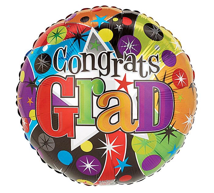 Round foil balloon with colorful "Congrats Grad" text and starburst patterns