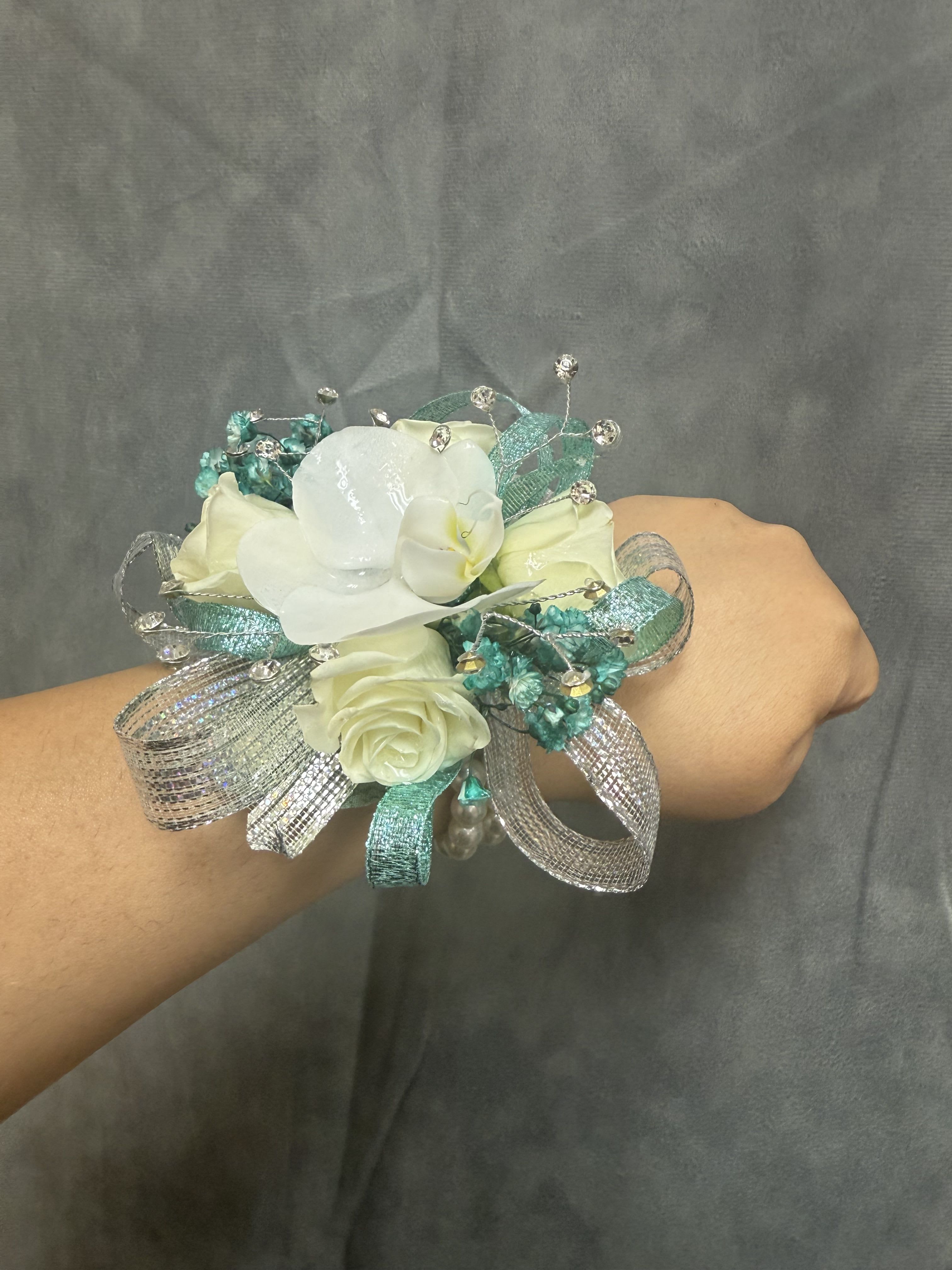 Aqua Silver Orchid spray roses corsage - White Orchid and spray roses wrist corsage with aqua and silver ribbon , silver accents and pearl bracelet 