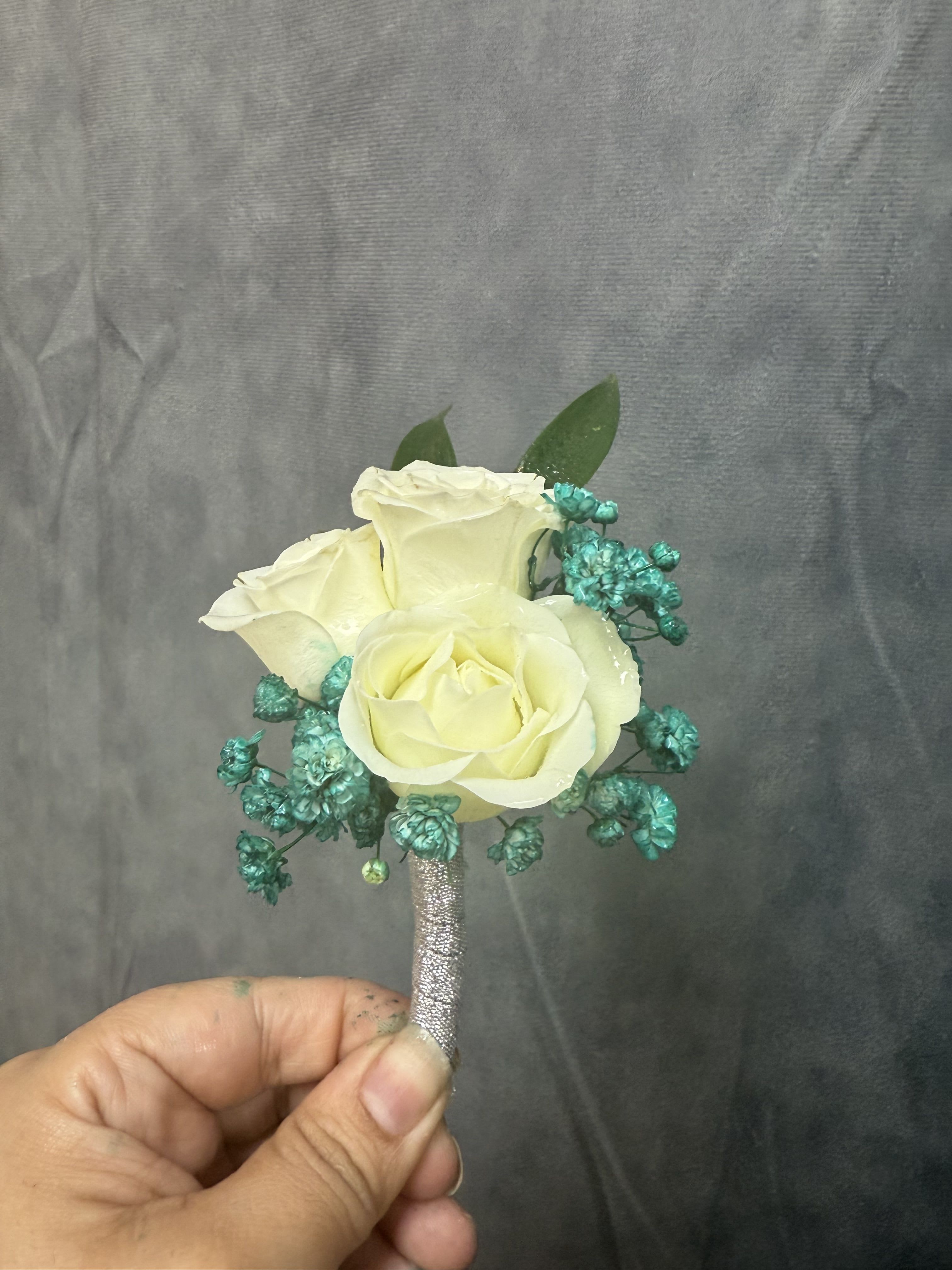 Aqua white spray Roses boutonnière  - Three White spray roses with aqua fillers and silver wrap boutonnière 