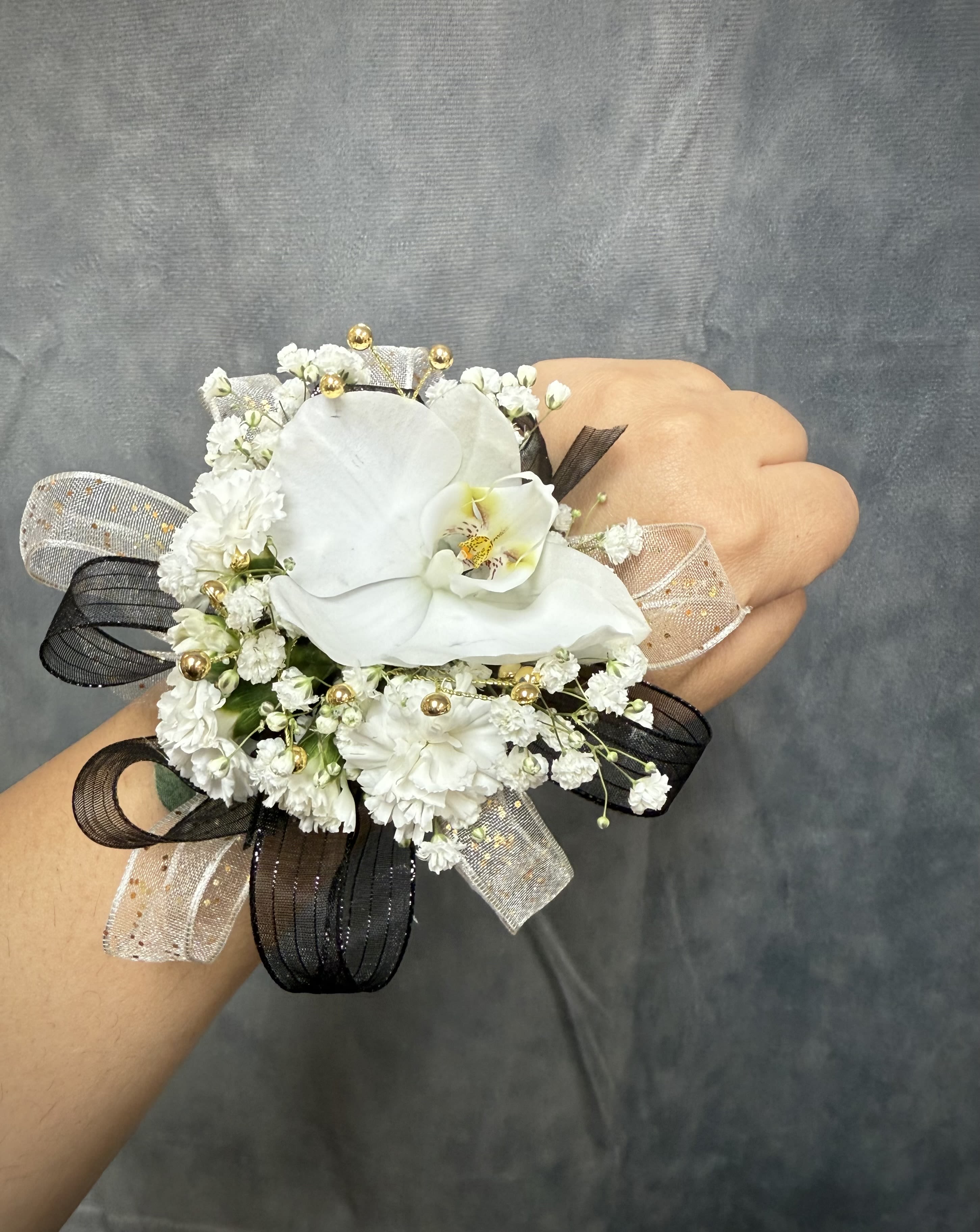 Gold Black White Orchid corsage  - White Orchid corsage with black , gold ribbon and gold accents with pearl bracelet 