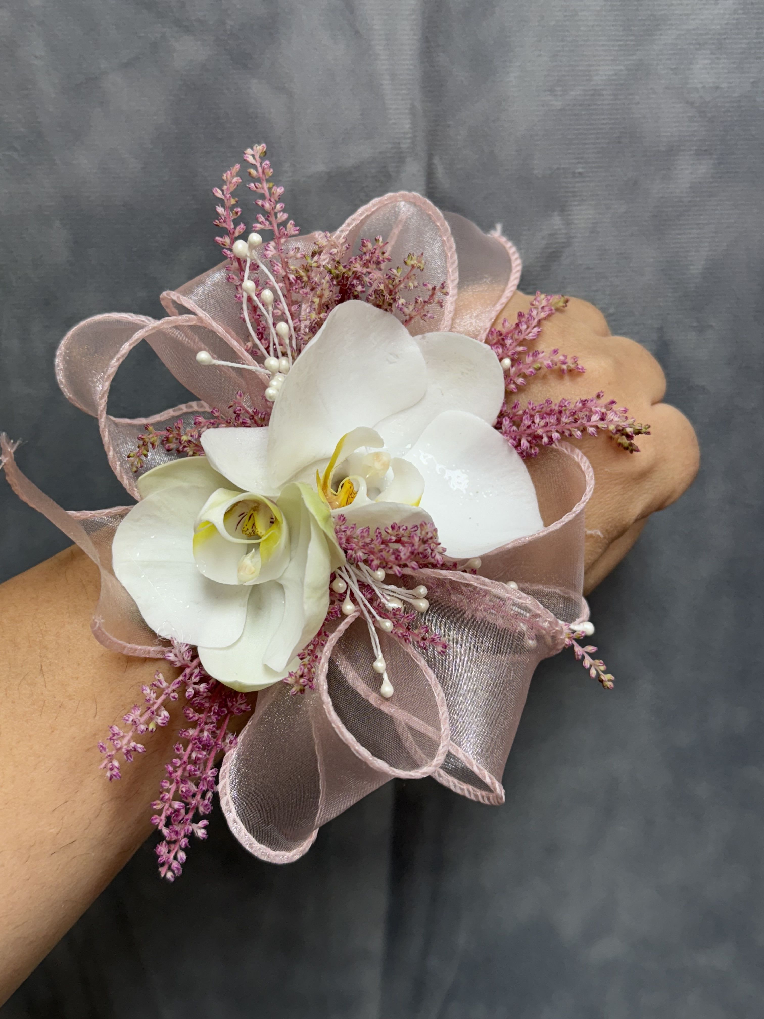 Dusty Pink White Orchid Corsage - White Orchid with Dusty pink fillers and pearl bracelet 