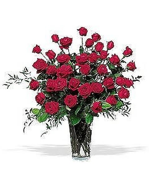 Three Dozen Red Roses - They say good things come in threes. Send these and you'll see just how good it can be. Three dozen long-stemmed red roses in a striking large glass vase.