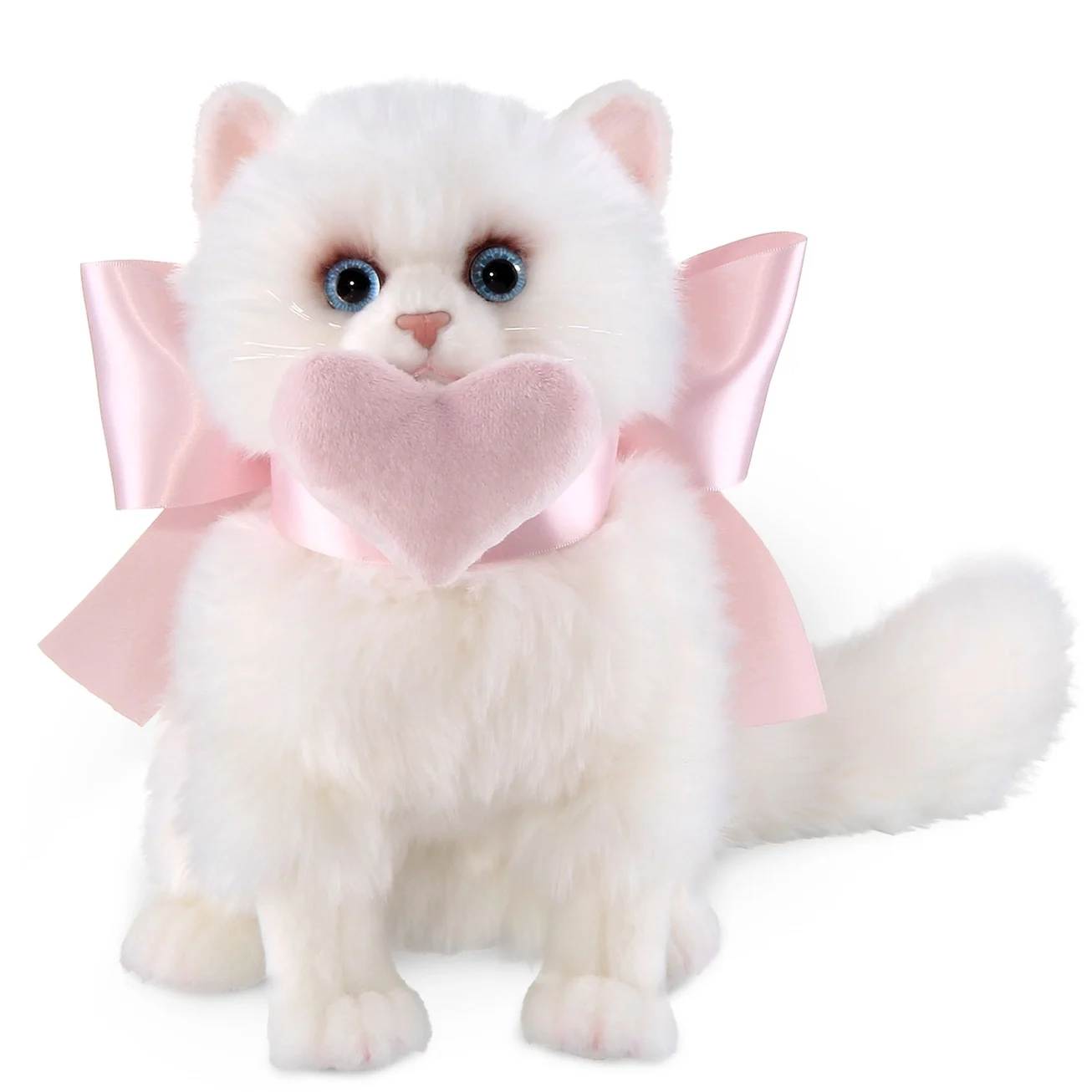 White plush cat with a pink ribbon and heart
