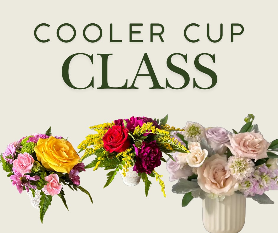Cooler Cup Class - Join us for a Mini Floral Arranging Social!   Gather your favorite people and spend an evening creating something beautiful together. Guests will choose their own blooms to design a cup-size floral arrangement, with step-by-step floral design guidance from Noble.   Upgrade to Deluxe and enjoy a personal charcuterie board to savor while you create.  Let’s make flowers, share laughter, and let happiness blossom.