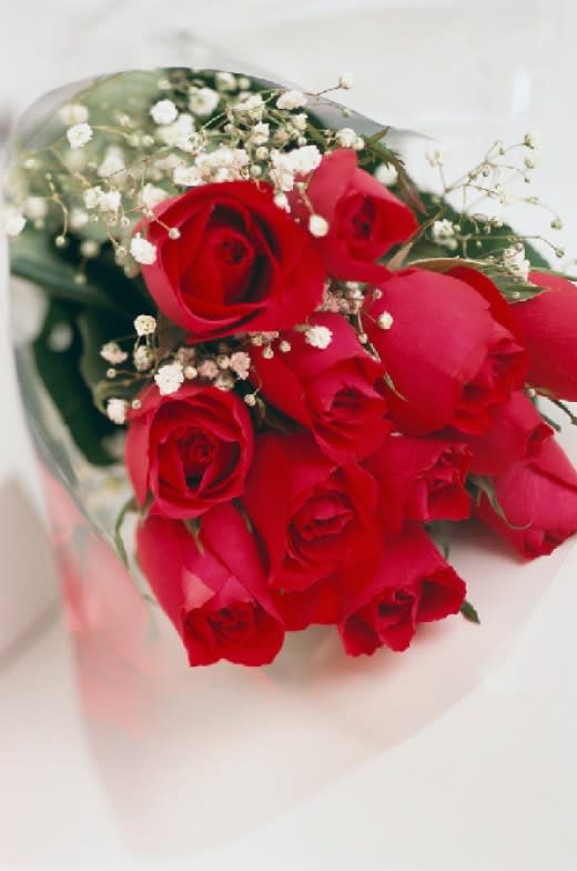 Bouquet of red roses with baby's breath in clear wrap
