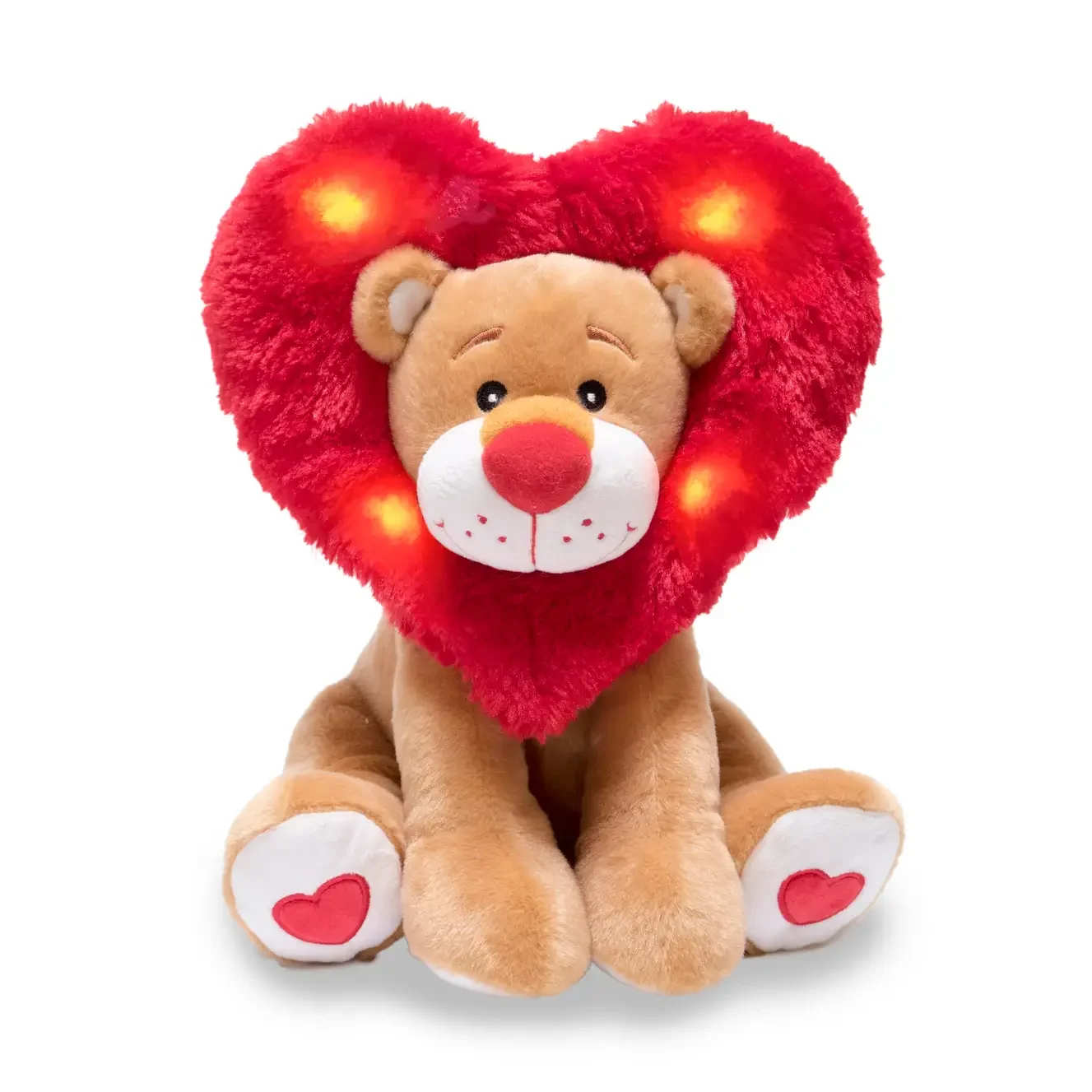 Plush teddy bear with a red heart-shaped mane and glowing lights