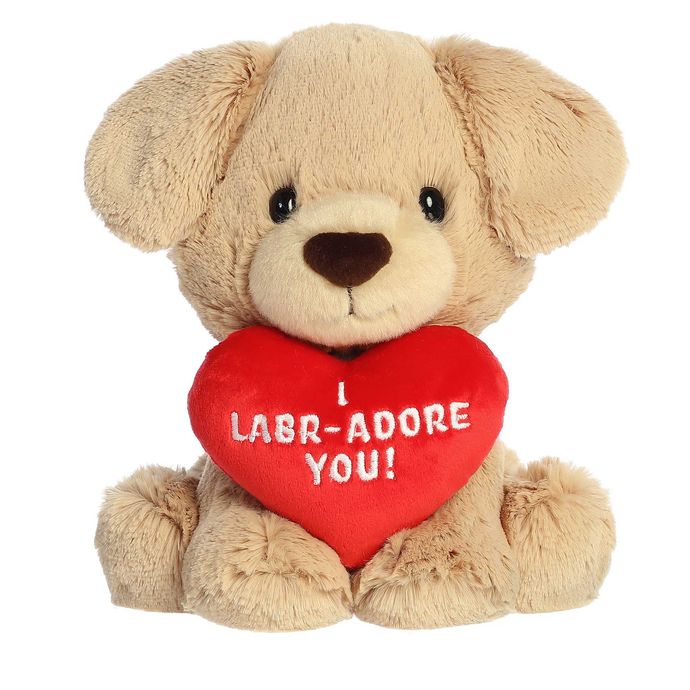 Plush- I Labr-adore You - A soft cuddly teddy bear holding a red heart that says "I Labr-adore You" A sweet and simple gift to show someone you care.