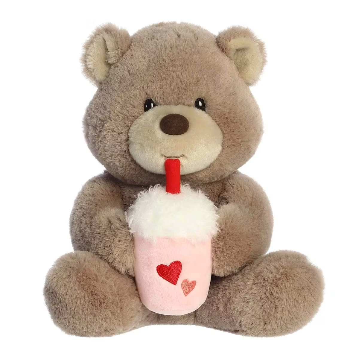 Plush- Sweet Sips Teddy 9" - A soft and cuddly teddy bear holding a cute pink drink with heart details. 