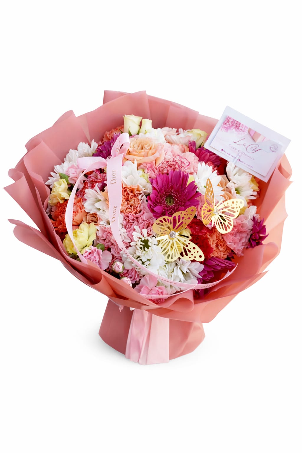 Sweet Butterfly Garden bouquet - Encantador ramo floral lleno de color ,dulzura y Algeria.Este diseño combina una variedad de flores frescas en tonos Rosadas, durazno,blancos y toques vibrantes, creando una composition armmonica y llena de vida.