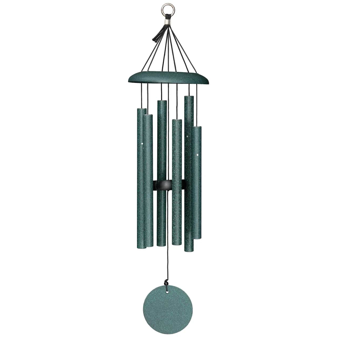 Corinthian Bells Wind Chime 27" - Green - Experience the elegant sound of the sleek and sophisticated Corinthian Bells® windchimes from Wind River. Each chime is inspired by nature and precision-tuned for beautiful harmony. Made with quality materials, these durable and sustainable chimes offer rich tones and stylish design—a perfect gift for sending condolences. Each includes a bow and can be delivered to a funeral chapel (often hung for display) or to a home (boxed). 