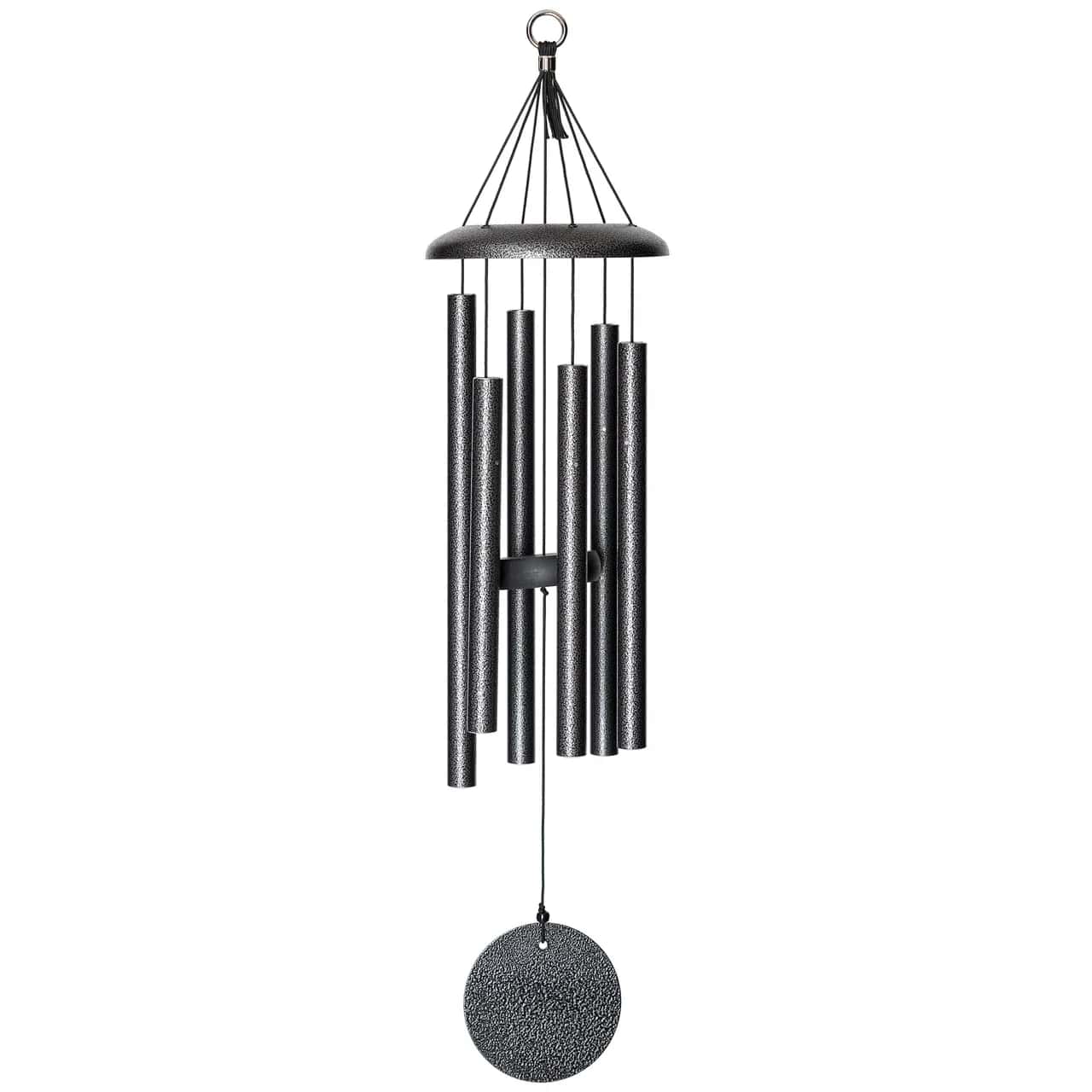 Corinthian Bells Wind Chime 30" - Silver Vein - Experience the elegant sound of the sleek and sophisticated Corinthian Bells® windchimes from Wind River. Each chime is inspired by nature and precision-tuned for beautiful harmony. Made with quality materials, these durable and sustainable chimes offer rich tones and stylish design—a perfect gift for sending condolences. Each includes a bow and can be delivered to a funeral chapel (often hung for display) or to a home (boxed). 