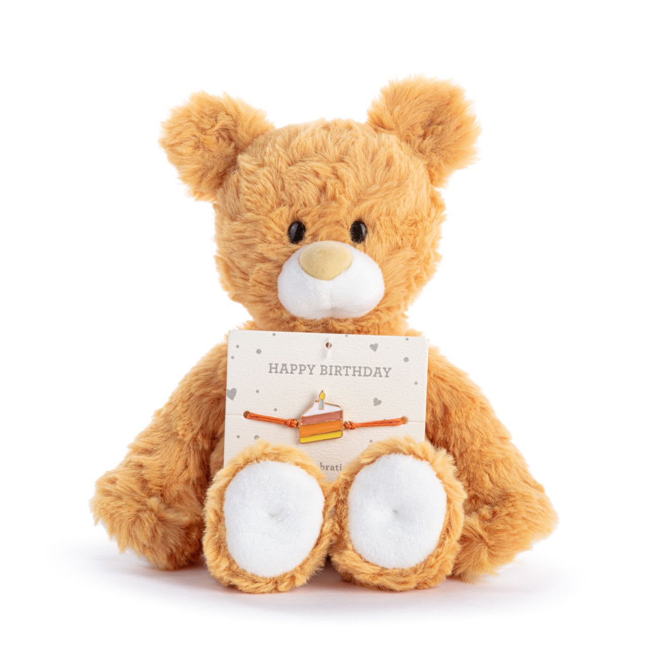 Plush- Happy Birthday Orange Bear 8" - Bear + Bracelet. A classic soft teddy bear with a warm, cuddly feel and a timeless look. 