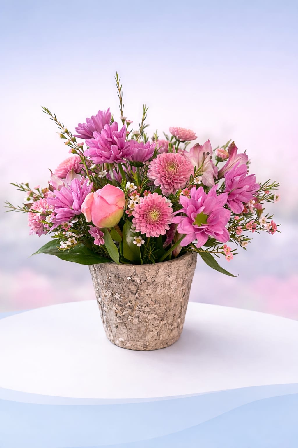 Peony Blush Garden - Soft, sweet, and full of romantic charm—Peony Blush Garden features a delicate pink peony nestled among layers of blush and rose-toned blooms, including daisy mums and airy accents. The peony adds a lush, elegant focal point that brings softness and a touch of luxury to this garden-inspired design.