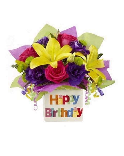 Happy Birthday - The Happy Birthday Bouquet employs roses, lisianthus and Asiatic lilies to pop with brilliant color and beauty to get their birthday celebration started! Bright pink roses, purple double lisianthus, yellow Asiatic lilies, green button poms and lush greens are arranged amongst designer floral wrap sheets and curling ribbon to create an incredible flower bouquet. Presented in a ceramic designer vase with "Happy Birthday" displayed on the front in colorful lettering, this flower arrangement will be just the gift they need to let them know how special they are on their big day.